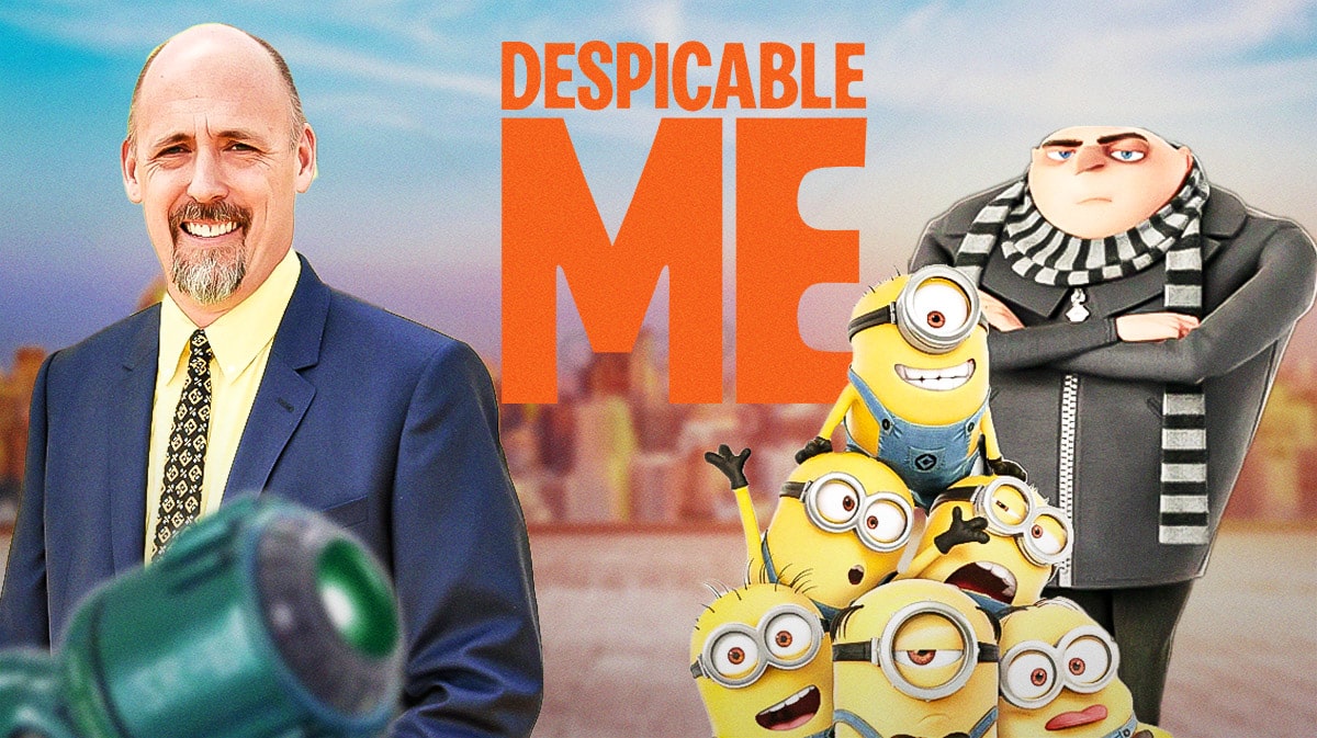 Chris Renaud with Despicable Me logo and Gru and minions from the movies.