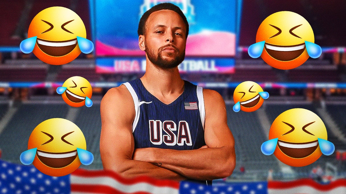 Stephen Curry in a Team USA uniform with a bunch of laughing emojis in the background