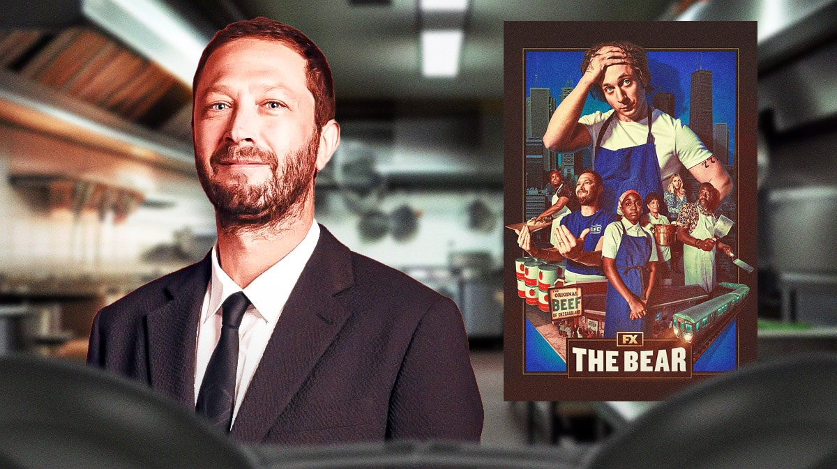 The Bear poster with Season 4 star Ebon Moss-Bachrach with restaurant kitchen background.