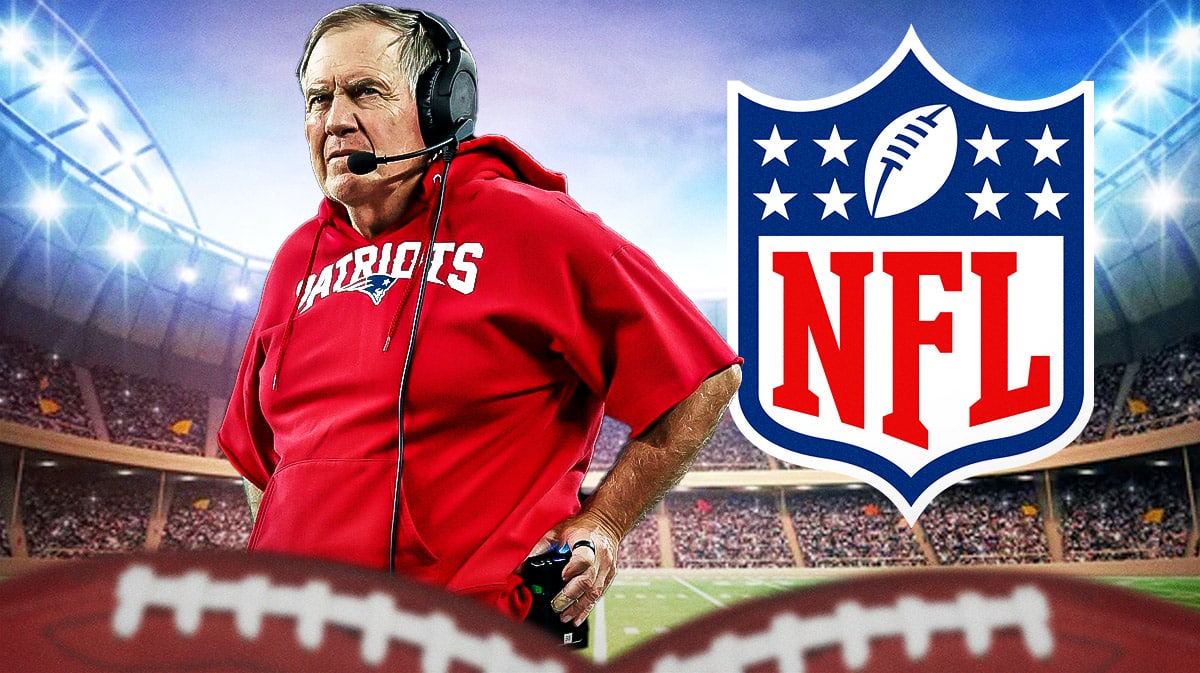 Patriots' Bill Belichick stands next to Inside the NFL crew after coaching run, Falcons in background