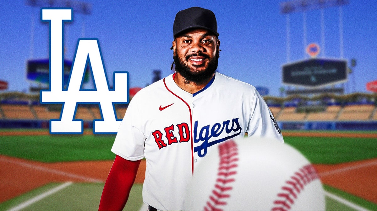 Kenley Jansen wearing a half Dodgers, half Red Sox jersey