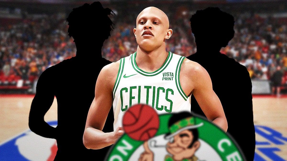 Jordan Walsh (in a Celtics jersey) with a silhouette of Neemias Queta on the right and a silhouette of Anton Watson on the left with an NBA Summer League background.