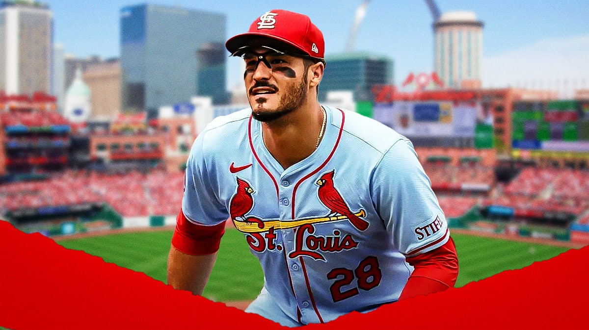 St. Louis Cardinals star Nolan Arenado in front of Busch Stadium.