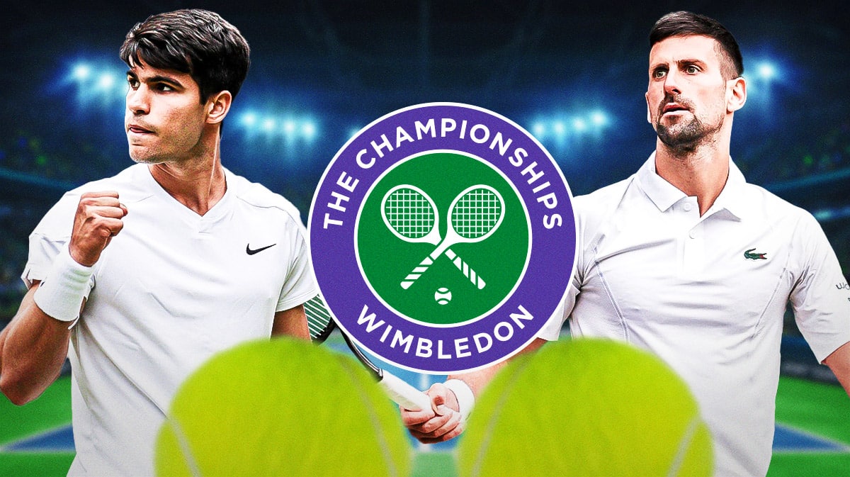 Tennis players Carlos Alcaraz and Novak Djokovic and the Wimbledon logo