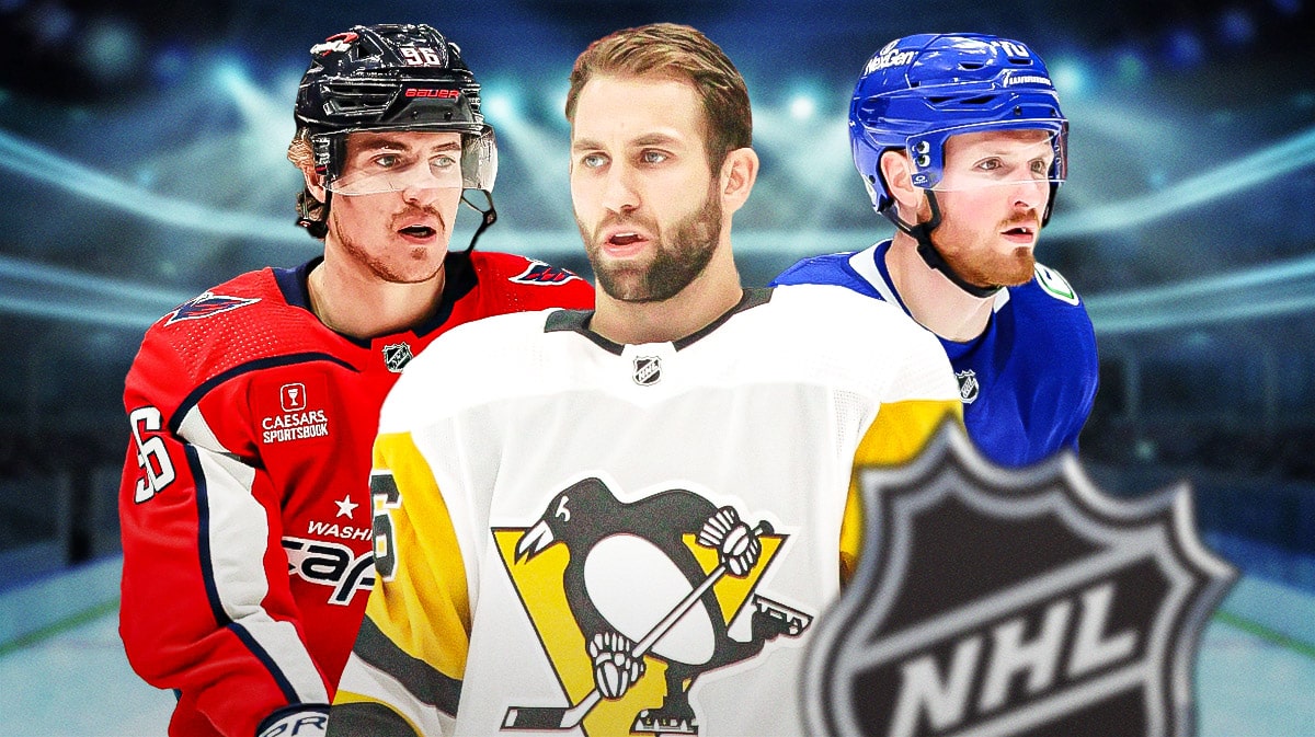 Jason Zucker, Sam Lafferty and Nicolas Aube-Kubel in image, Buffalo Sabres logo, hockey rink in background