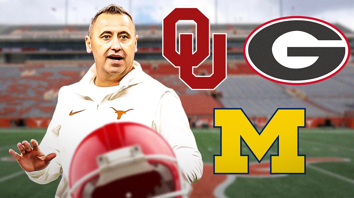 Texas football, Longhorns, 2024 Texas football, Texas football schedule, Steve Sarkisian with Oklahoma, Georgia and Michigan logos, Texas football stadium in the background