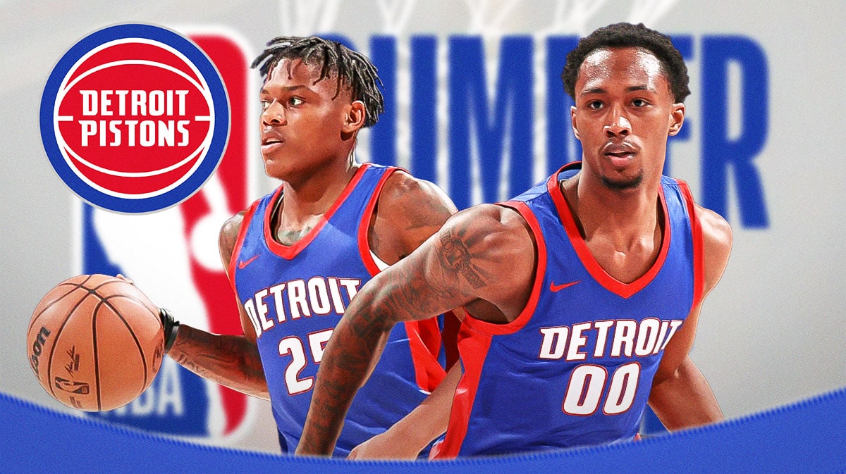 NBA summer league logo background, Pistons logo surrounded by Marcus Sasser, Ron Holland II, both in Pistons jerseys