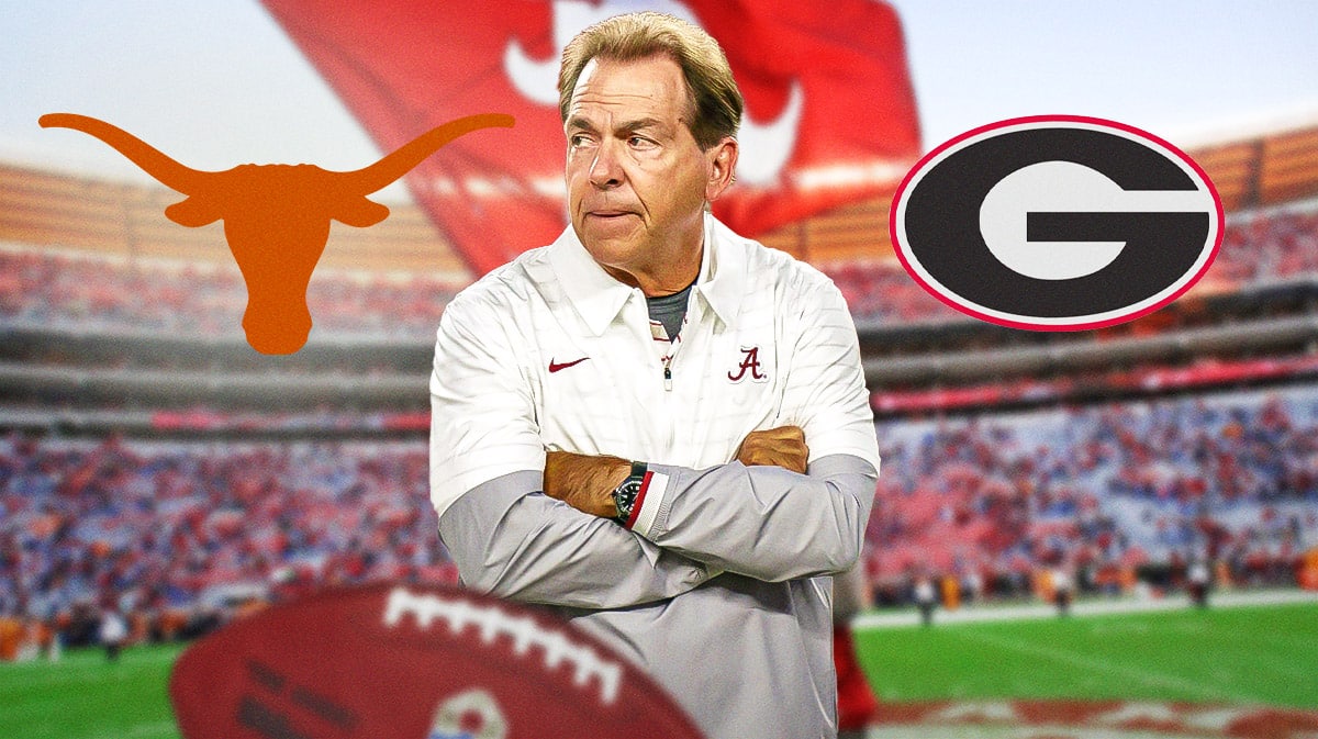 Nick Saban, Alabama football, Crimson Tide, Tyler Booker, Nick Saban SEC prediction, Nick Saban with Texas and Georgia logos behind him, Alabama football stadium in the background