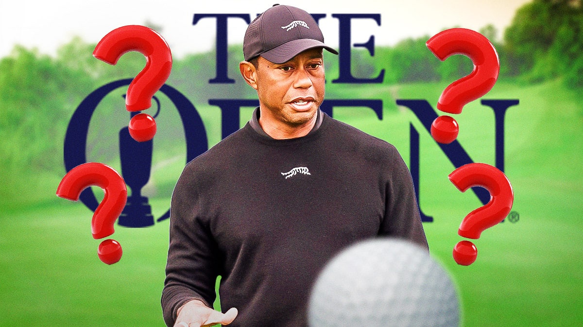 Tiger Woods looking confused. Question marks around him. Open Championship logo in background.