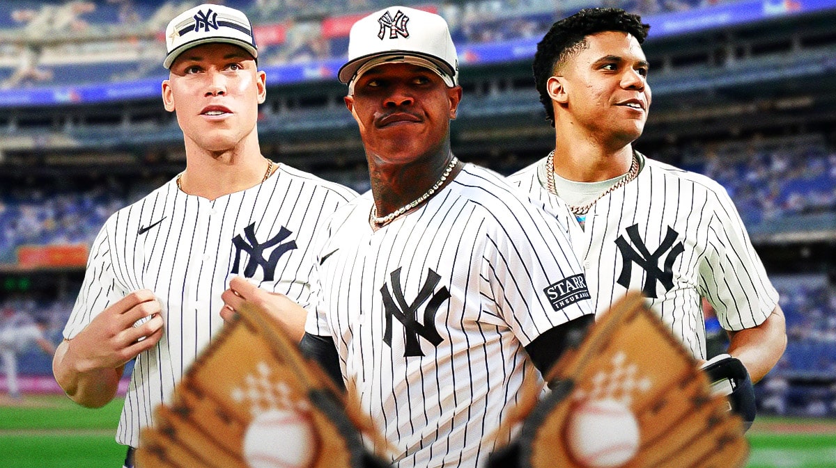 Marcus Stroman in between Aaron Judge and Juan Soto. In front of Yankee Stadium. generational talents