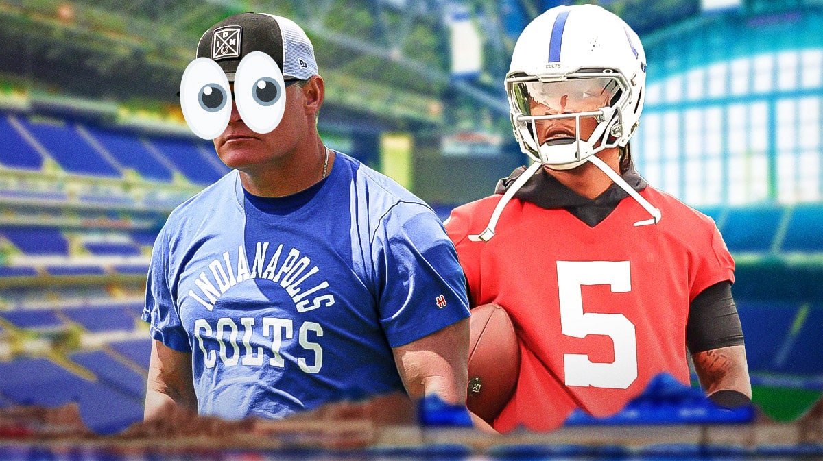 Chris Ballard with big eye emojis looking at Anthony Richardson