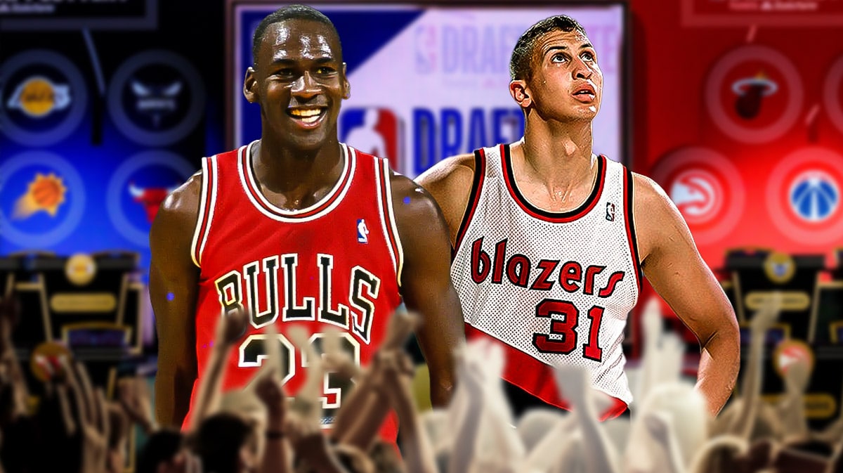 Michael Jordan on the Bulls as a rookie in 1984 next to Sam Bowie in a Trail Blazers jersey and a 1984 NBA Draft logo background.