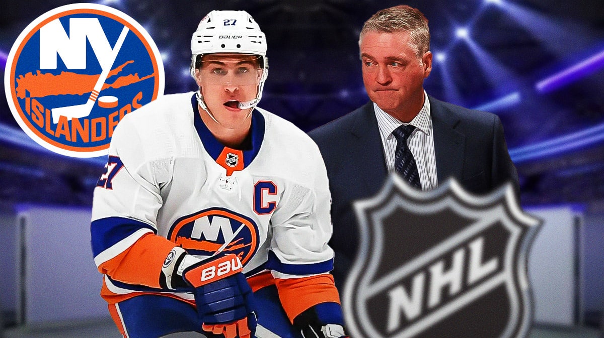 Anders Lee and Patrick Roy in front of Islanders logo