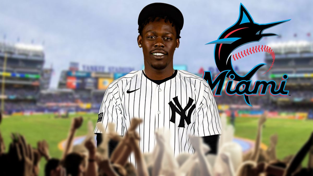 Jazz Chisholm in Yankees jersey, Marlins logo beside him