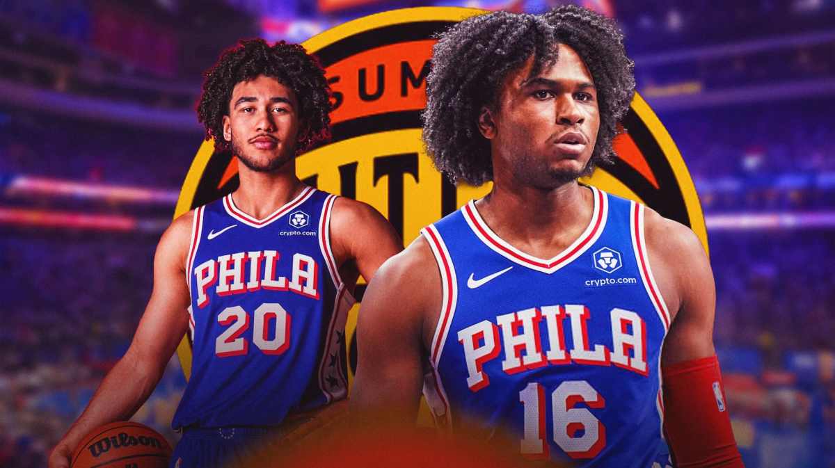 76ers' Jared McCain and Ricky Council IV in front of the Summer League logo
