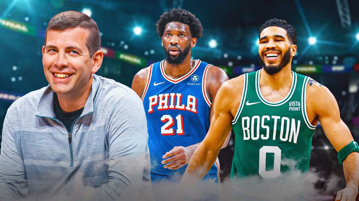 76ers Joel Embiid with Celtics Jayson Tatum and Brad Stevens