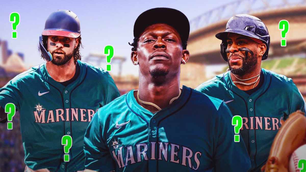 Jazz Chisholm Jr., Yandy Díaz and Jesse Winker all hitting in Seattle Mariners uniforms with green question marks surrounding them as the Mariners could trade for the players at the MLB trade deadline.