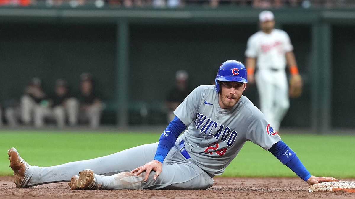 Chicago Cubs outfielder Cody Bellinger (24) steals second base in the third inning against the Baltimore Orioles at Oriole Park at Camden Yards.