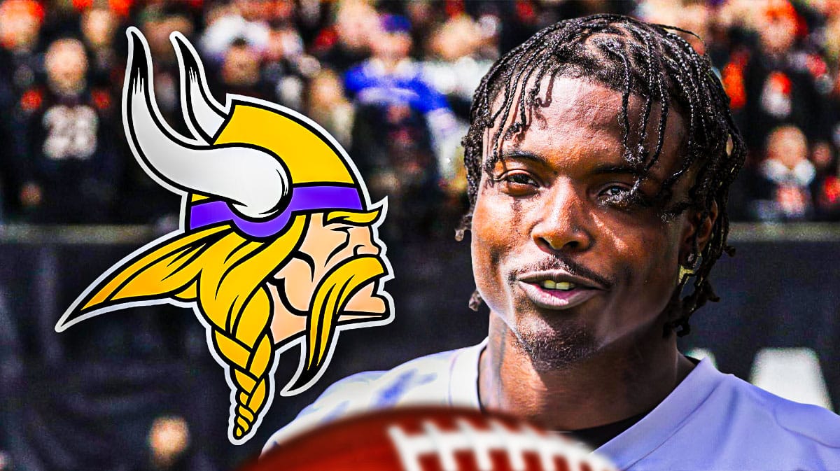 IMAGE: Minnesota Vikings cornerback Khyree Jackson next to a logo for the Minnesota Vikings.