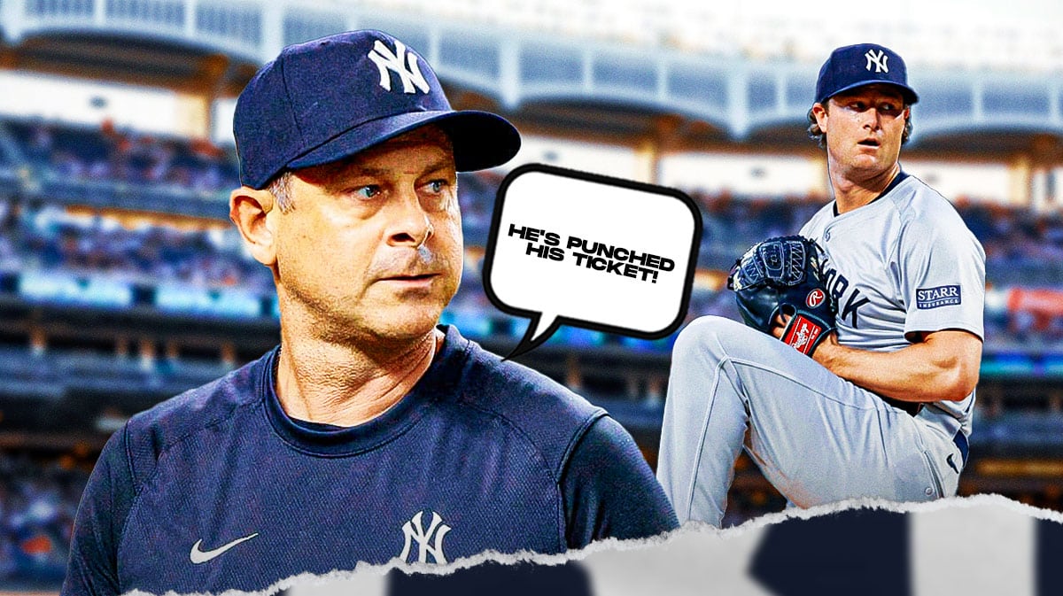 Yankees' Aaron Boone saying "He's punched his ticket!" Gerrit Cole on the right.