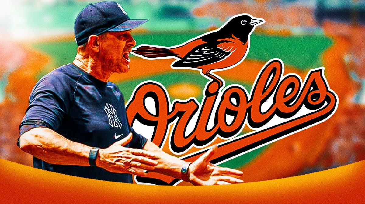 Yankees manager Aaron Boone looking upset next to an Orioles logo.