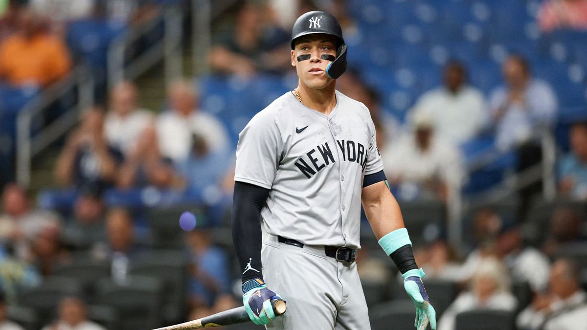 New York Yankees designated hitter Aaron Judge (99) reacts after striking out against the Tampa Bay Rays in the first inning at Tropicana Field