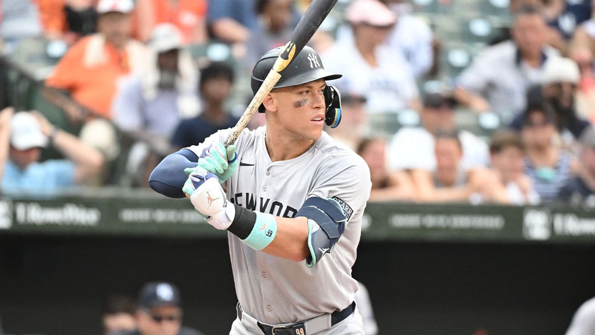 Jul 14, 2024; Baltimore, Maryland, USA; New York Yankees outfielder Aaron Judge (99) stands at bat during the ninth inning against the Baltimore Orioles at Oriole Park at Camden Yards. 