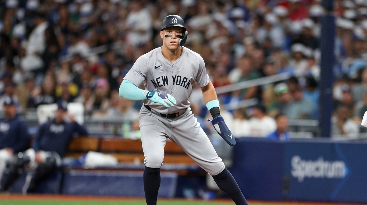 New York Yankees designated hitter Aaron Judge (99) look to run against the Tampa Bay Rays in the fifth inning at Tropicana Field.