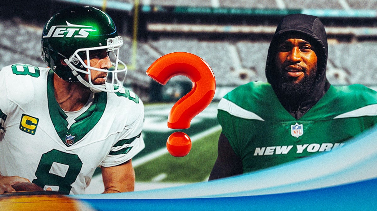 Aaron Rodgers in Jets jersey with and Haason Reddick in a Jets jersey with a question mark in the middle of the picture.