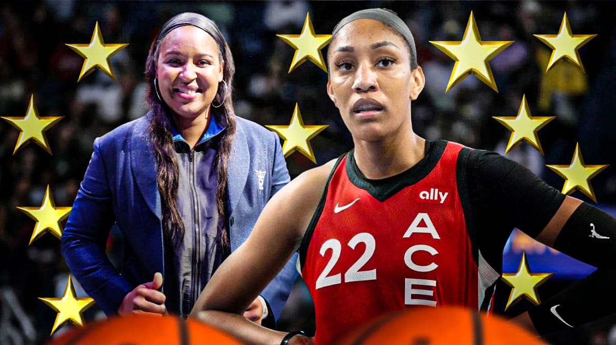WNBA Las Vegas Aces player A'ja Wilson, with stars all around here, and former WNBA player Maya Moore in the background