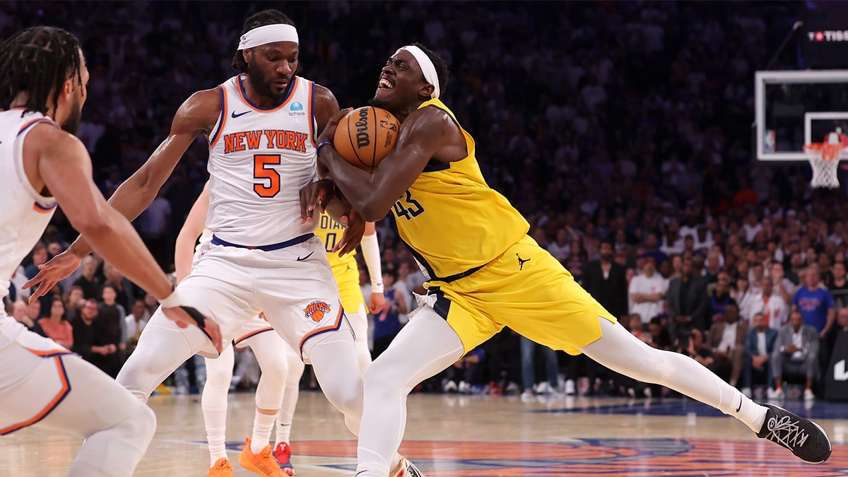 Indiana Pacers forward Pascal Siakam (43) controls the ball against New York Knicks forward Precious Achiuwa (5) during the fourth quarter of game seven of the second round of the 2024 NBA playoffs at Madison Square Garden