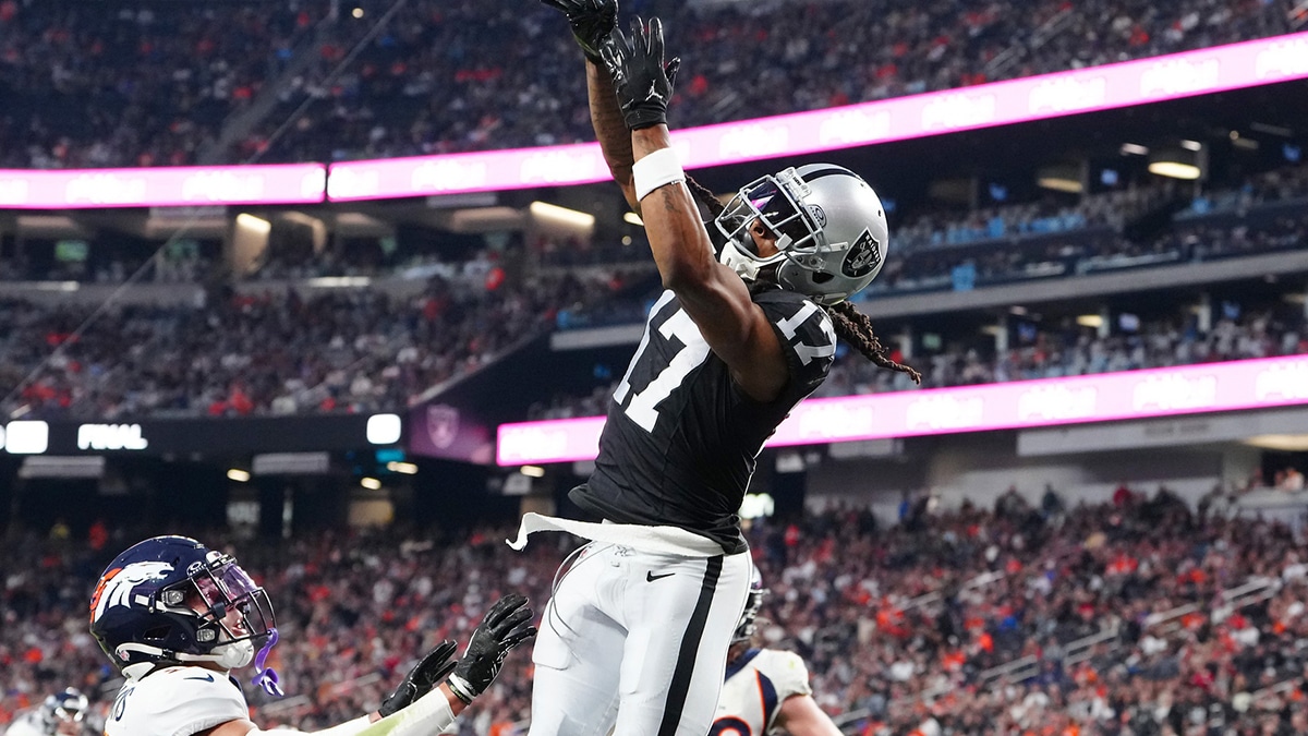 Las Vegas Raiders wide receiver Davante Adams (17) misses a pass in the end zone against the Denver Broncos during the fourth quarter at Allegiant Stadium.