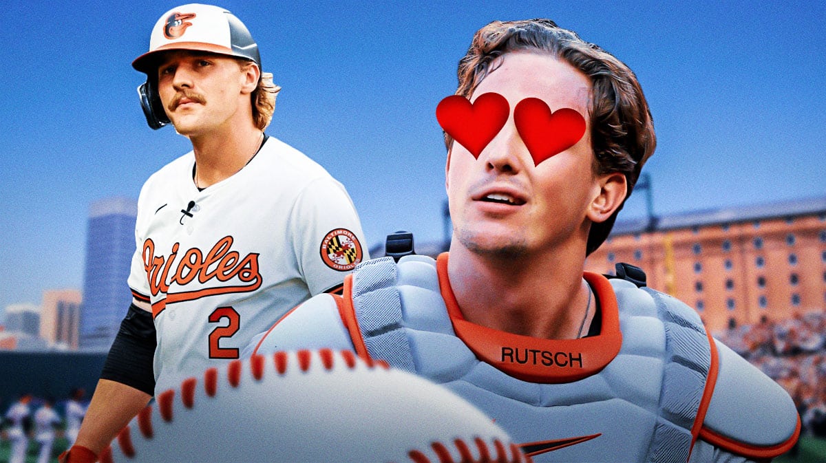 Adley Rutschman with heart eyes looking at Gunnar Henderson