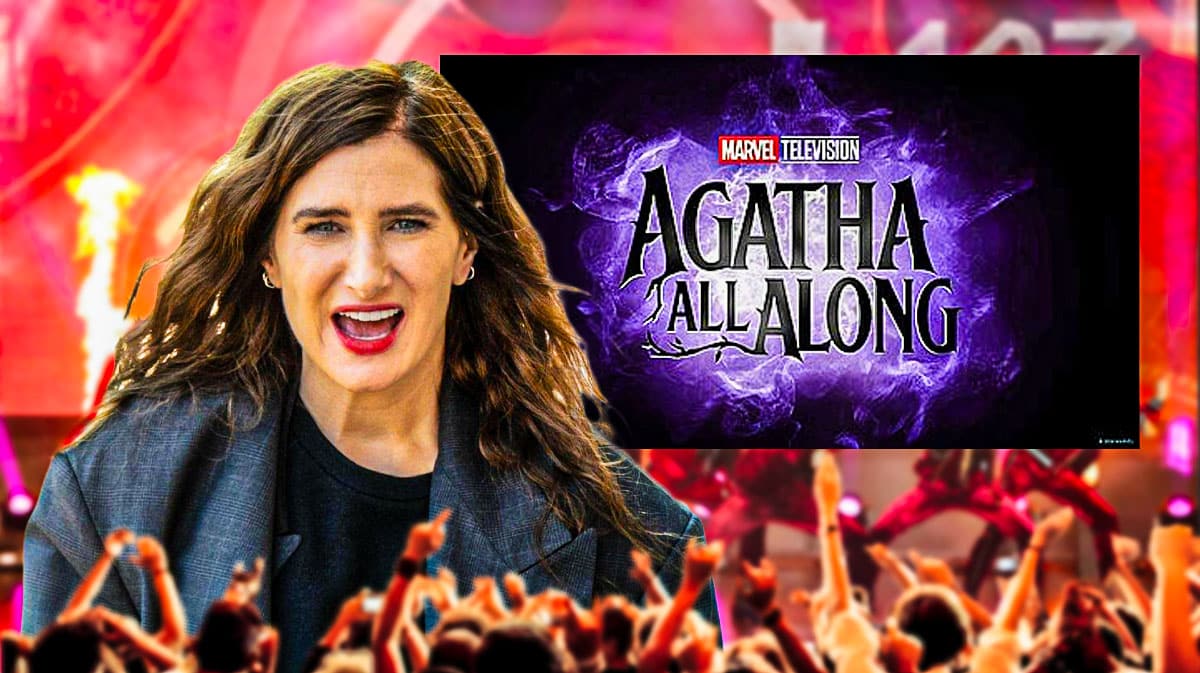 Kathryn Hahn with MCU Agatha All Along MCU logo.