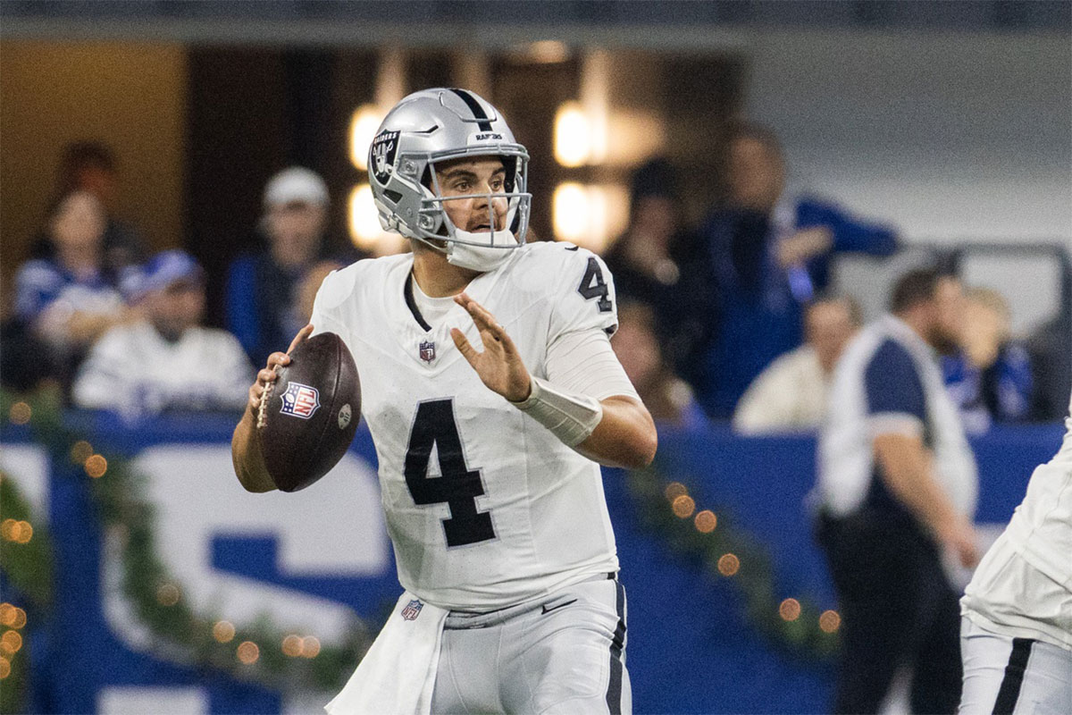 Las Vegas Raiders quarterback Aidan O'Connell (4) passes the ball in the first half against the Indianapolis Colts at Lucas Oil Stadium. 