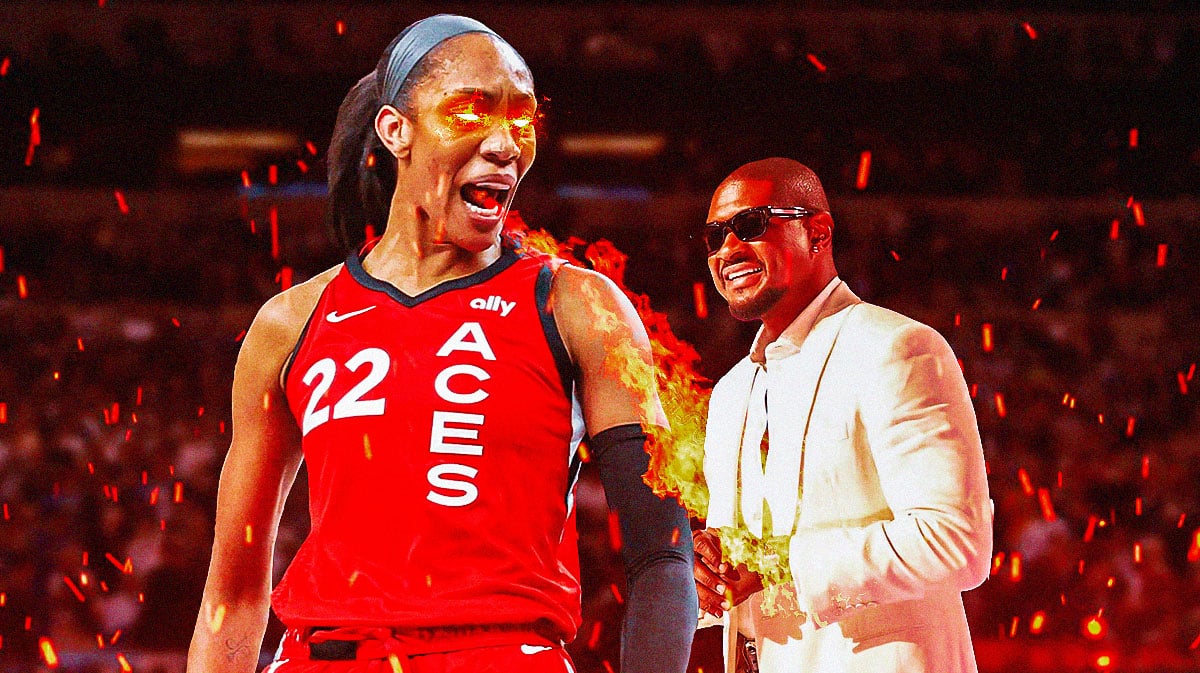 Las Vegas Aces player A’ja Wilson, with flames coming out of her mouth and fire in her eyes, with rapper Usher in the background
