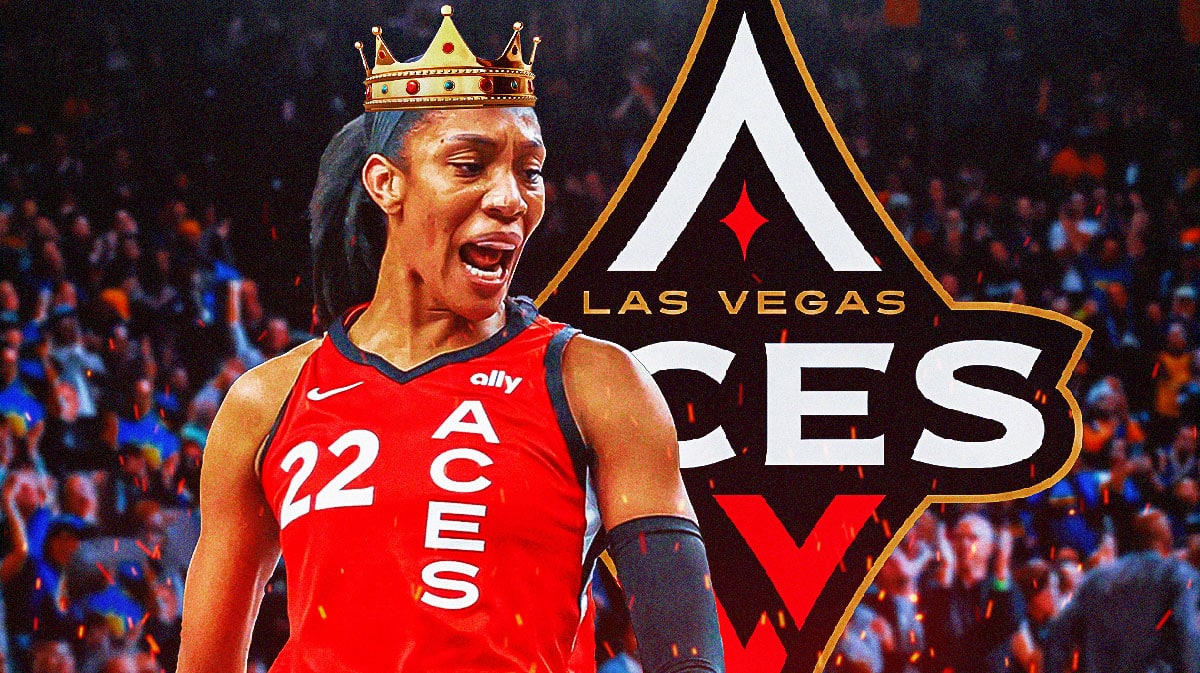 Las Vegas Aces center A’ja Wilson wearing a crown. There is also a logo for the Las Vegas Aces.