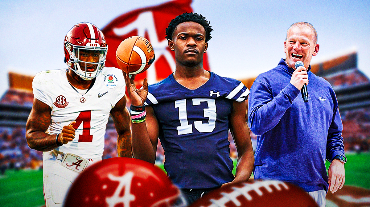 Alabama football recruit Caleb Cunningham, head coach Kalen DeBoer, and star Jalen Milroe in front of Bryant-Denney Stadium.