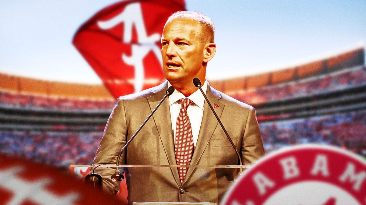 Alabama football, Crimson Tide, Kalen DeBoer, 2024 Alabama football, Alabama football predictions, Kalen DeBoer in Alabama gear with Alabama football stadium in the background