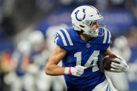 Indianapolis Colts wide receiver Alec Pierce (14) looks back as he runs to the end zone for a touchdown Sunday, Dec. 31, 2023, during a game against the Las Vegas Raiders at Lucas Oil Stadium in Indianapolis.