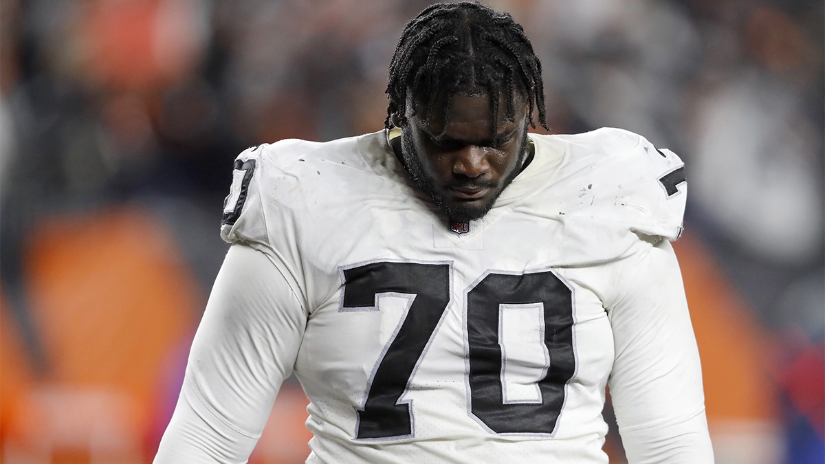 Las Vegas Raiders guard Alex Leatherwood (70) reacts after their loss against the Cincinnati Bengals in an AFC Wild Card playoff football game at Paul Brown Stadium.