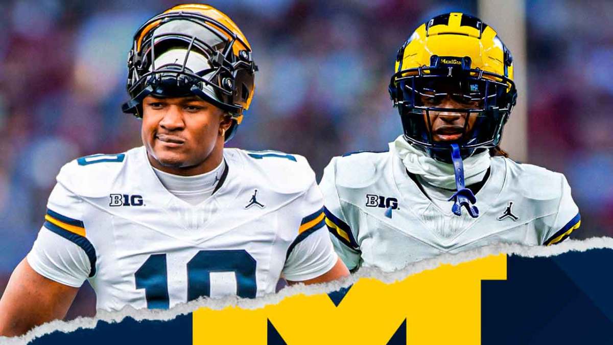 Michigan football, Alex Orji, Michigan football transfer class, Wolverines, Alex Orji Michigan, Alex Orji and Amorion Walker (in Michigan uni) with Michigan football stadium in the background