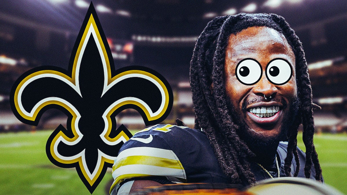 Alvin Kamara with big eye emojis next to Saints logo