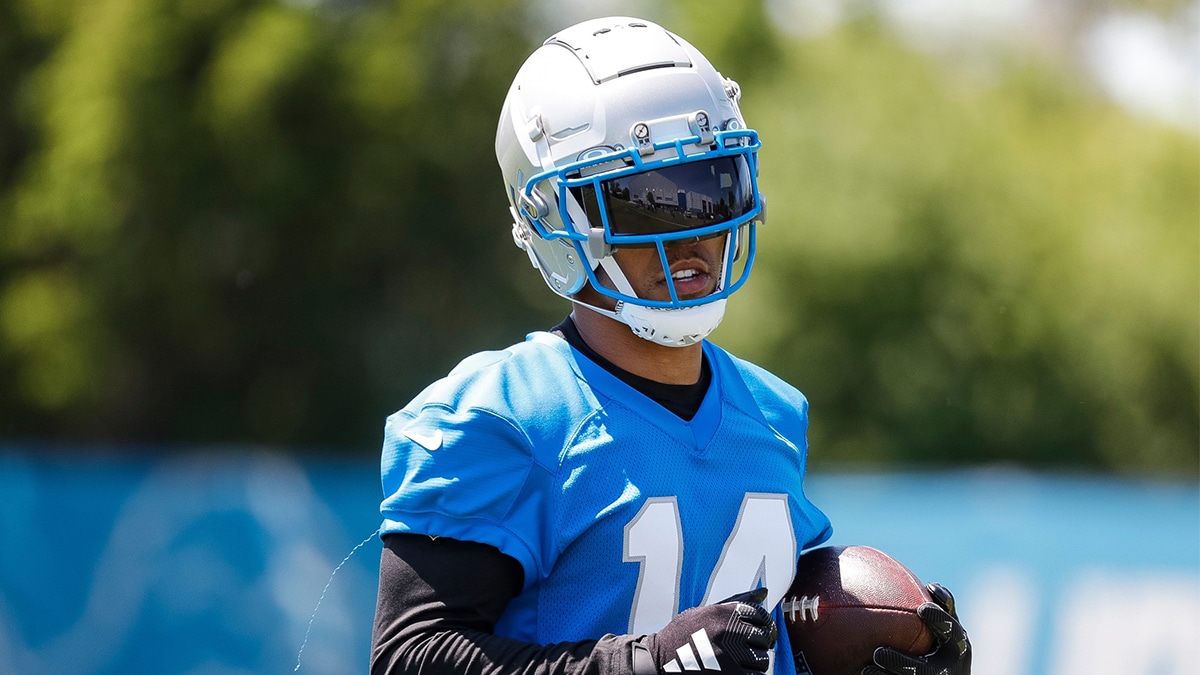 Detroit Lions wide receiver Amon-Ra St. Brown (14) during practice during OTAs at Detroit Lions headquarters and training facility in Allen Park on Thursday, May 30, 2024.