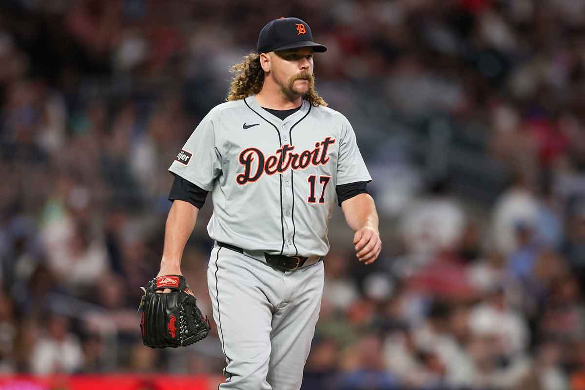Detroit Tigers relief pitcher Andrew Chafin (17) in action against the Atlanta Braves in the seventh inning at Truist Park.