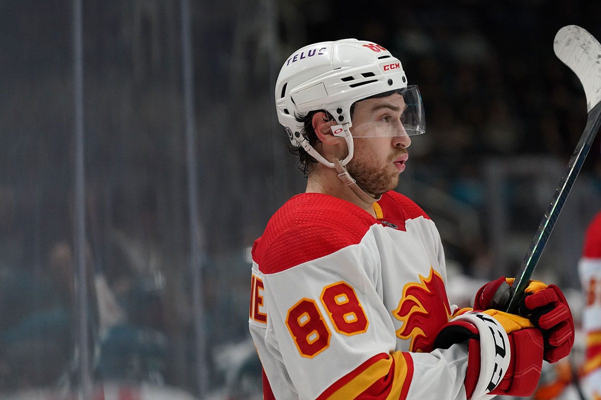 Calgary Flames left wing Andrew Mangiapane (88) during a break in the action against the San Jose Sharks during overtime at SAP Center at San Jose.