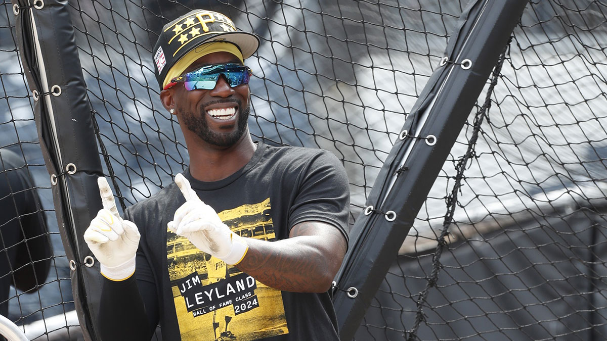 Pittsburgh Pirates designated hitter Andrew McCutchen (22) gestures at the batting cage before a game against the Philadelphia Phillies at PNC Park