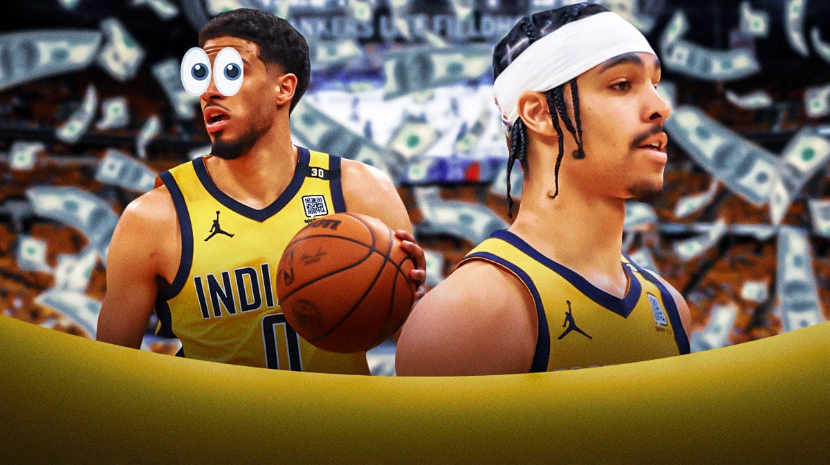 Nembhard with cash flying all around and Tyrese Haliburton looking at him with big cartoon eyes.
