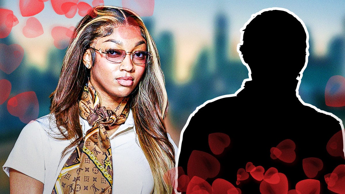 Angel Reese with a silhouette of a man and hearts