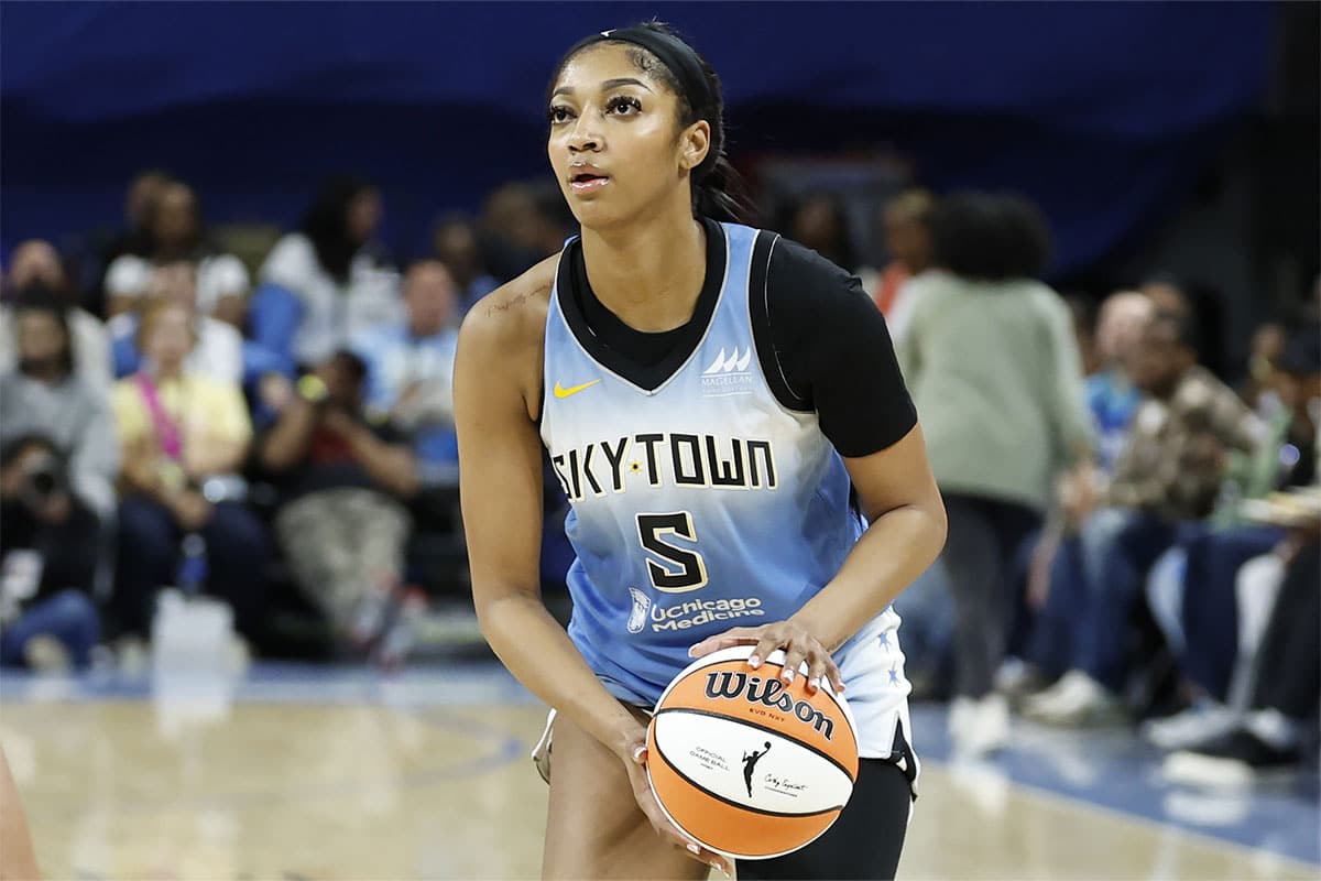 Chicago Sky forward Angel Reese (5) looks to shoot against the Connecticut Sun during the second half of a WNBA game at Wintrust Arena.